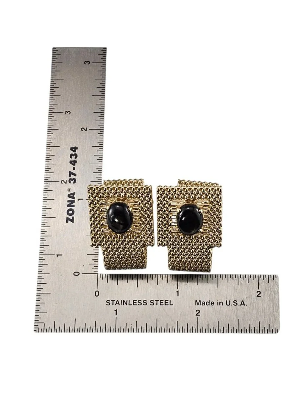 14K Yellow Gold Basketweave and Black Cabochon Stone Cufflinks #25199
